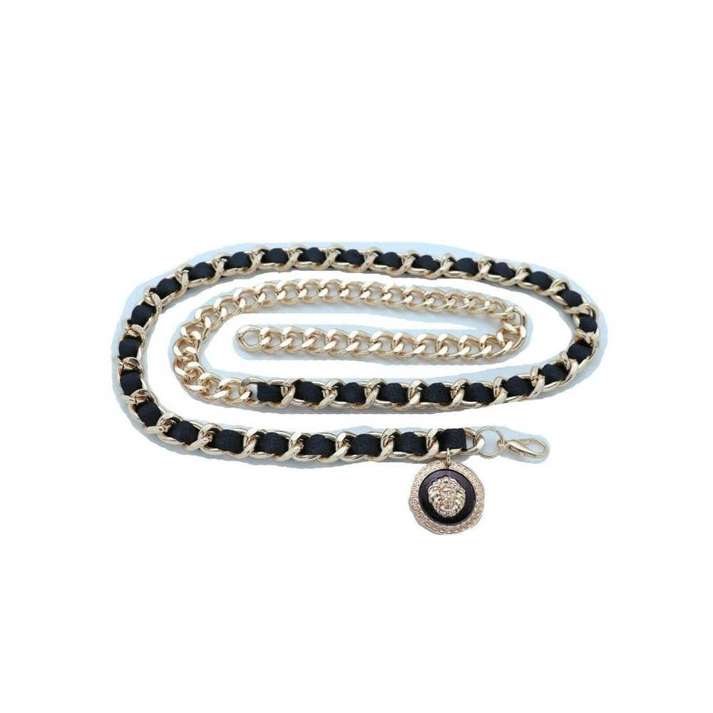 New Women Belt Black Fabric Band Gold Metal Chain Lion Charm Coin XS S M L XL